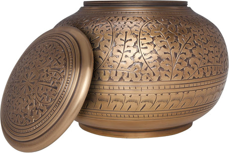 Antique Bronze Brass Cremation Urn - Low Profile Vignette Model fremation urn for Human Ashes - Suitable for Cemetery Burial or Niche - Large Size fits Remains of Adults up to 180 lbs