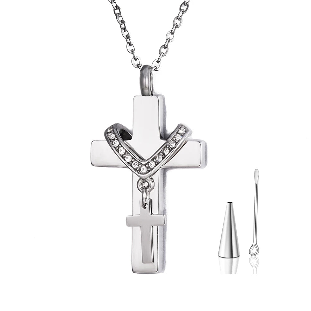 Memorial Double Cross Ashes Urns Necklace